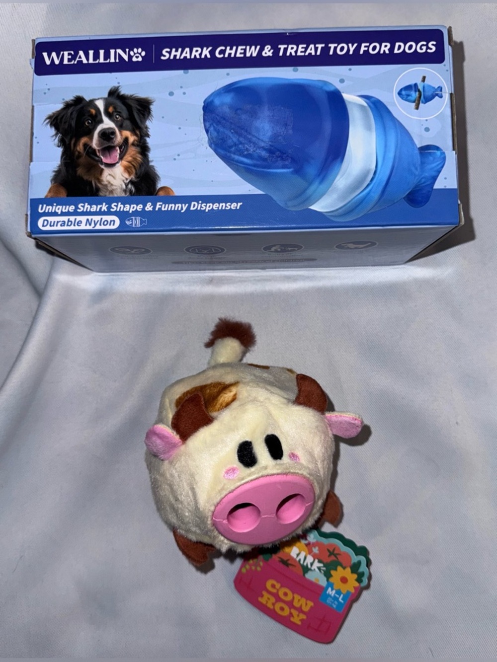 Dog Bundle, Bark Plush Cow Squeaky Dog Toy & Blue Shark Chew Toy/Treat Dispenser